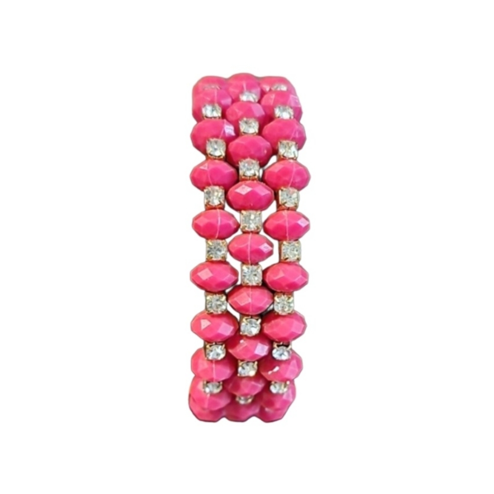 Beaded Pink Rhinestone Wire Wrap Bangle Bracelet One Size Adjustable Barbie Pink